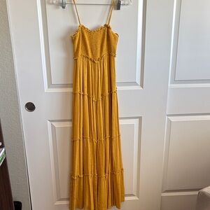 Lulu's Mustard Smocked Tiered Maxi Romper with Spaghetti Straps